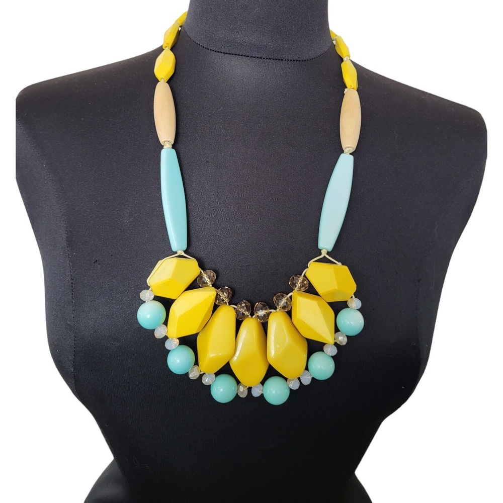 Vintage Acrylic Glass Wooden Beads Chunky Yellow Bib Beaded Statement Necklace